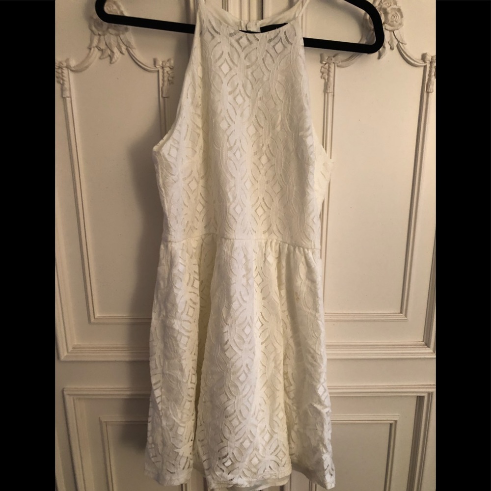Aqua high neck white eyelet crochet dress
